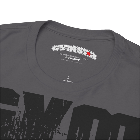 A sport grey Gymstar workout t-shirt with a black graphic that reads 'GYM i want you',   and logo, presumably bodybulding or fitness.  Logo Close up view.