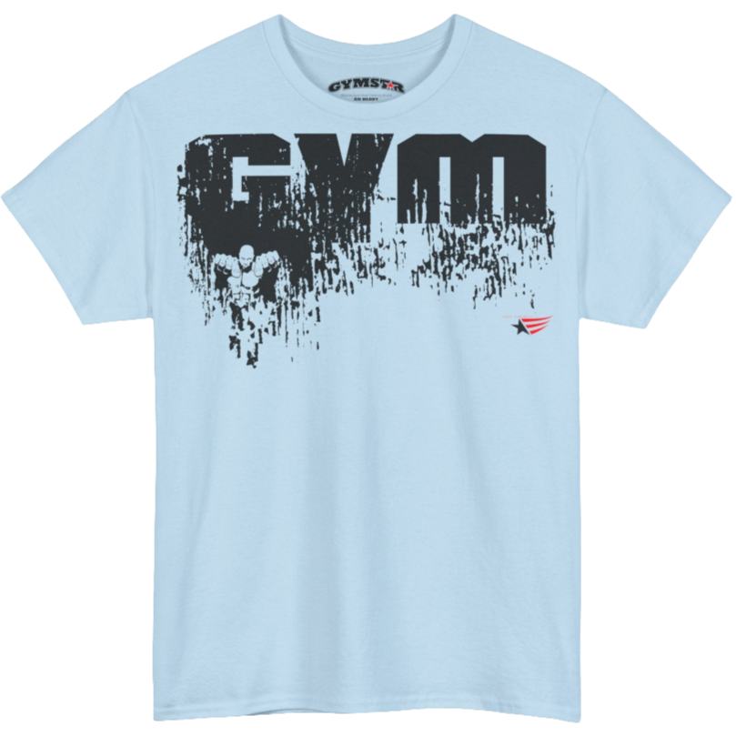 A light blue Gymstar workout t-shirt with a black graphic that reads 'GYM i want you',   and logo, presumably bodybulding or fitness.  Front view.