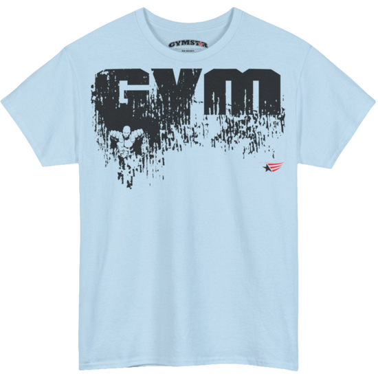 A light blue Gymstar workout t-shirt with a black graphic that reads 'GYM i want you',   and logo, presumably bodybulding or fitness.  Front view.