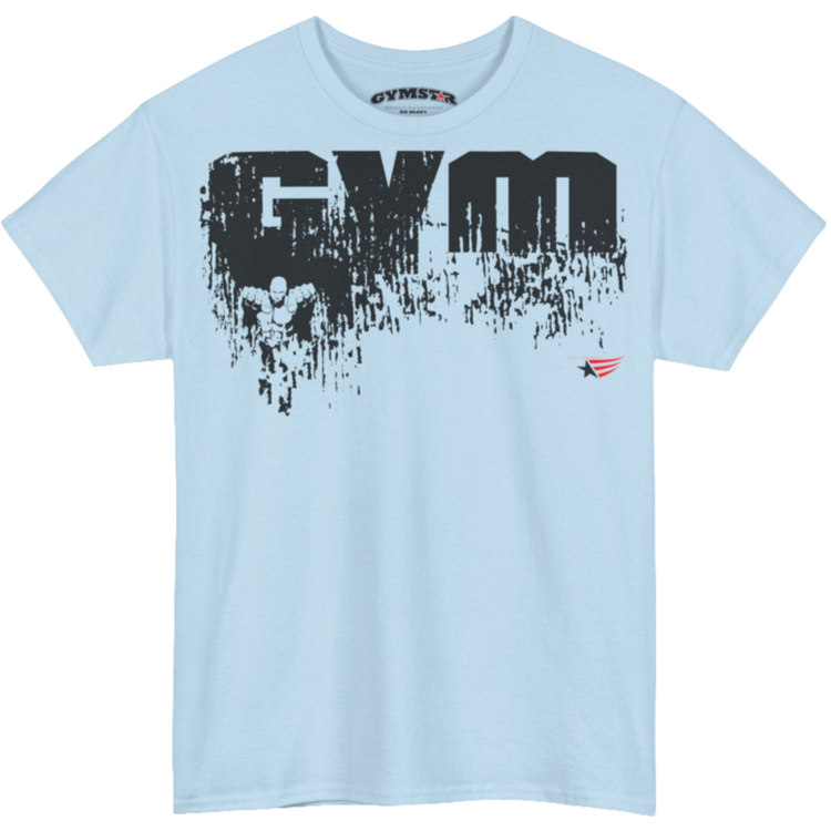 A light blue Gymstar workout t-shirt with a black graphic that reads 'GYM i want you',   and logo, presumably bodybulding or fitness.  Front view.