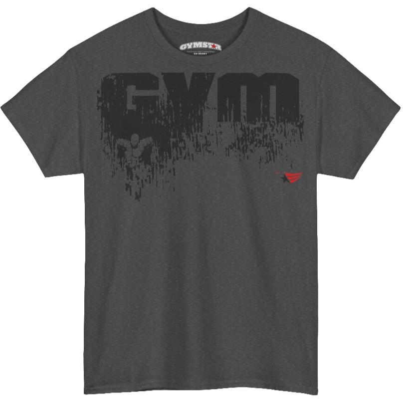 A grey Gymstar workout t-shirt with a black graphic that reads 'GYM i want you',   and logo, presumably bodybulding or fitness.  Front view.