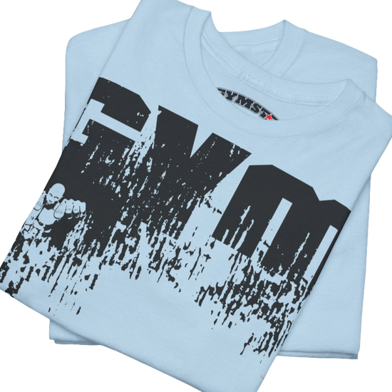 A light blue Gymstar workout t-shirt with a black graphic that reads 'GYM i want you',   and logo, presumably bodybulding or fitness.  Close up view.