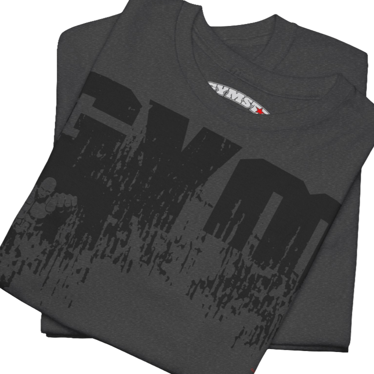 A grey Gymstar workout t-shirt with a black graphic that reads 'GYM i want you',   and logo, presumably bodybulding or fitness. Close up view.