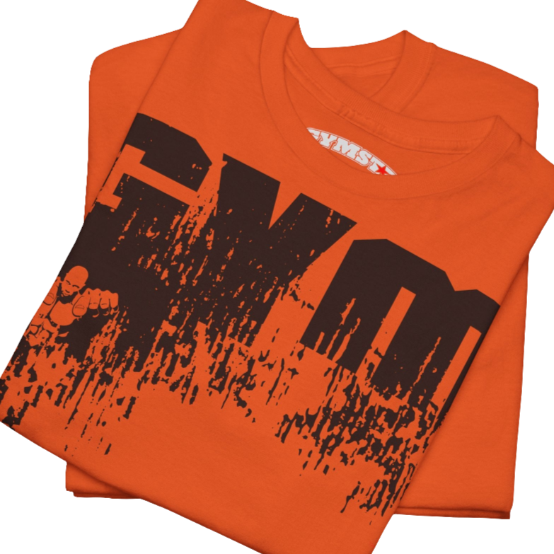 A orange Gymstar workout t-shirt with a black graphic that reads 'GYM i want you',   and logo, presumably bodybulding or fitness. Close up view.