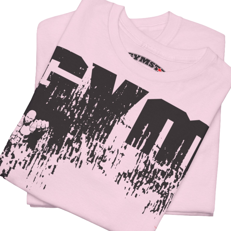 A pink Gymstar workout t-shirt with a black graphic that reads 'GYM i want you',   and logo, presumably bodybulding or fitness.  Close up view.