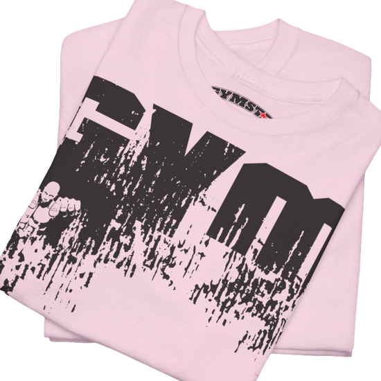 A pink Gymstar workout t-shirt with a black graphic that reads 'GYM i want you',   and logo, presumably bodybulding or fitness.  Close up view.