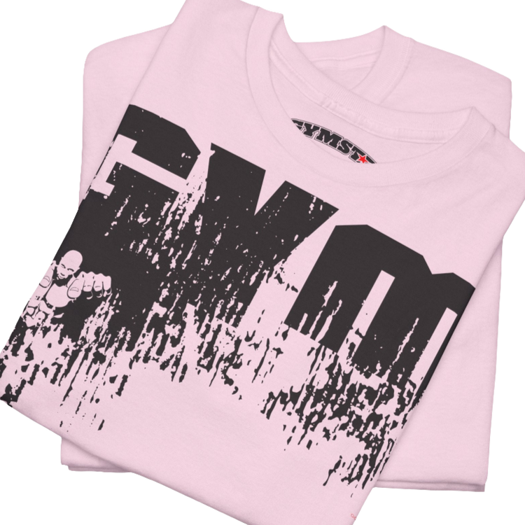 A pink Gymstar workout t-shirt with a black graphic that reads 'GYM i want you',   and logo, presumably bodybulding or fitness.  Close up view.