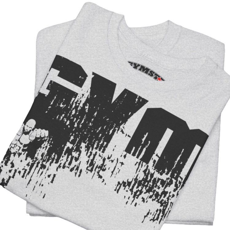 A silver grey Gymstar training t-shirt with a black graphic that reads 'GYM i want you',   and logo, presumably bodybulding or fitness. Close up Front view.
