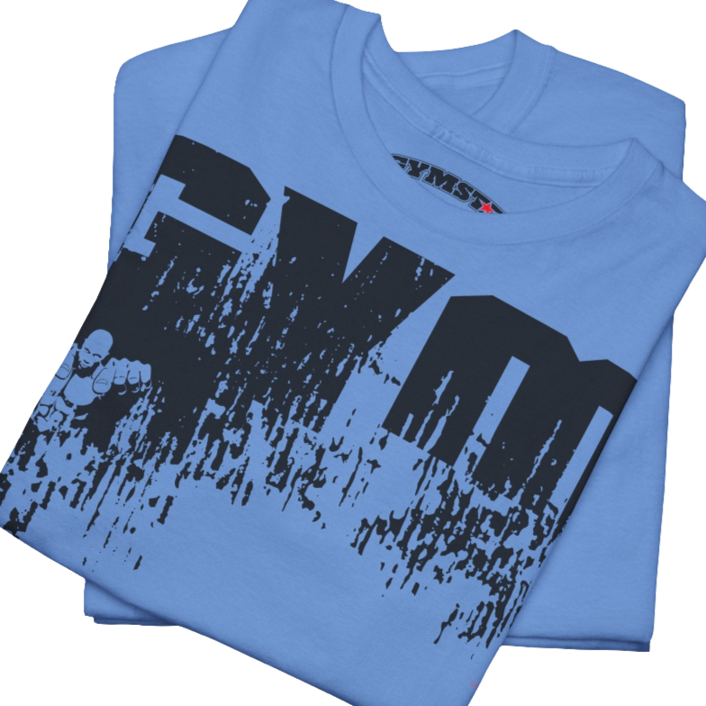 A Carolina blue Gymstar workout t-shirt with a black graphic that reads 'GYM i want you',   and logo, presumably bodybulding or fitness.  Close up view.