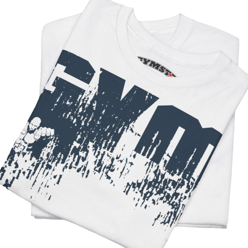 A white Gymstar workout t-shirt with a black graphic that reads 'GYM i want you',   and logo, presumably bodybulding or fitness. Front  Close up view.