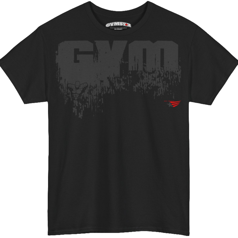 A black Gymstar training t-shirt with a black graphic that reads 'GYM i want you',   and logo, presumably bodybulding or fitness.  front view.