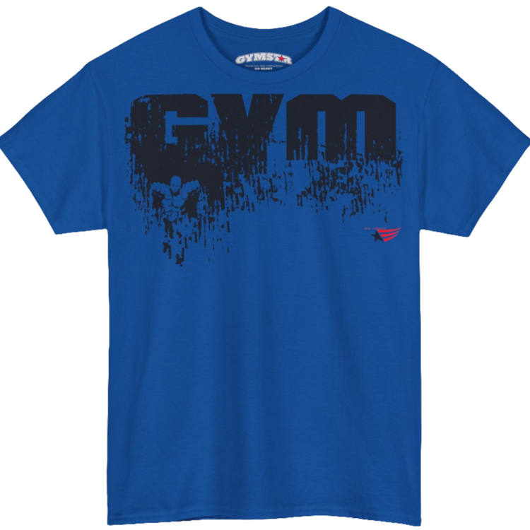 A blue Gymstar workout t-shirt with a black graphic that reads 'GYM i want you',   and logo, presumably bodybulding or fitness. Front view.