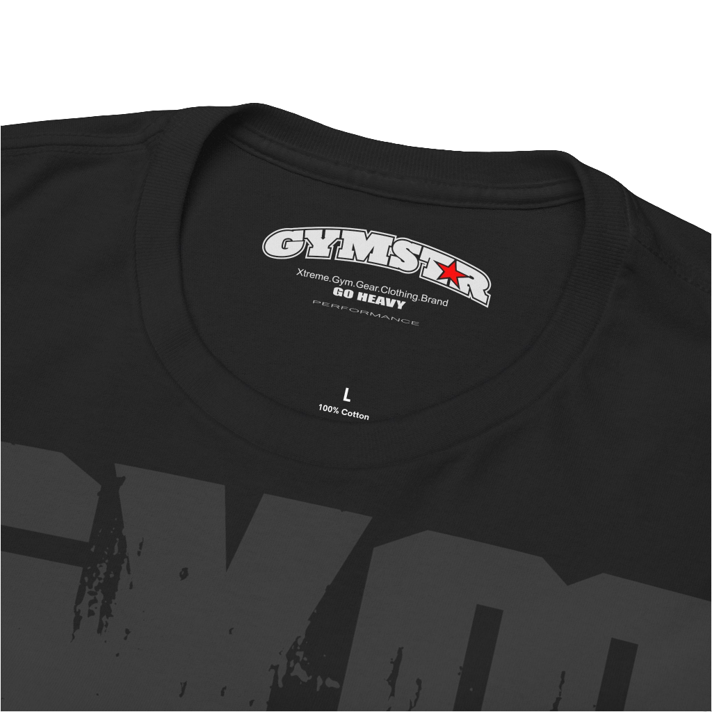 A black Gymstar training t-shirt with a black graphic that reads 'GYM i want you',   and logo, presumably bodybulding or fitness. Close up logo front view.