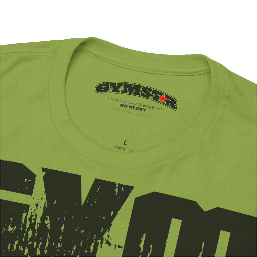 A kiwi Gymstar training t-shirt with a black graphic that reads 'GYM i want you',   and logo, presumably bodybulding or fitness. Close up logo front view.