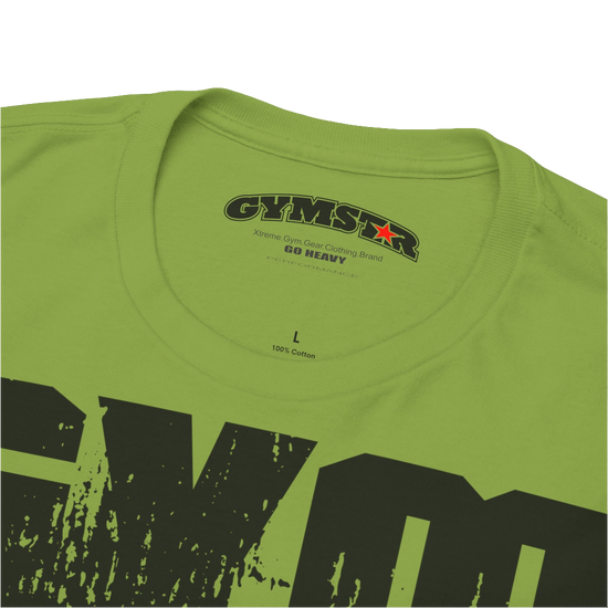 A kiwi Gymstar training t-shirt with a black graphic that reads 'GYM i want you',   and logo, presumably bodybulding or fitness. Close up logo front view.