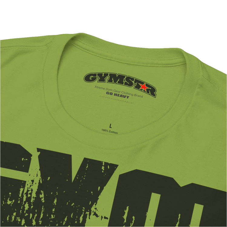 A kiwi Gymstar training t-shirt with a black graphic that reads 'GYM i want you',   and logo, presumably bodybulding or fitness. Close up logo front view.