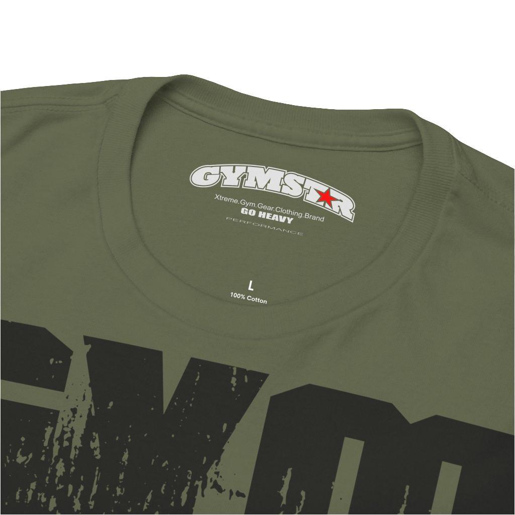 A military green Gymstar training t-shirt with a black graphic that reads 'GYM i want you',   and logo, presumably bodybulding or fitness. Close up logo front view.