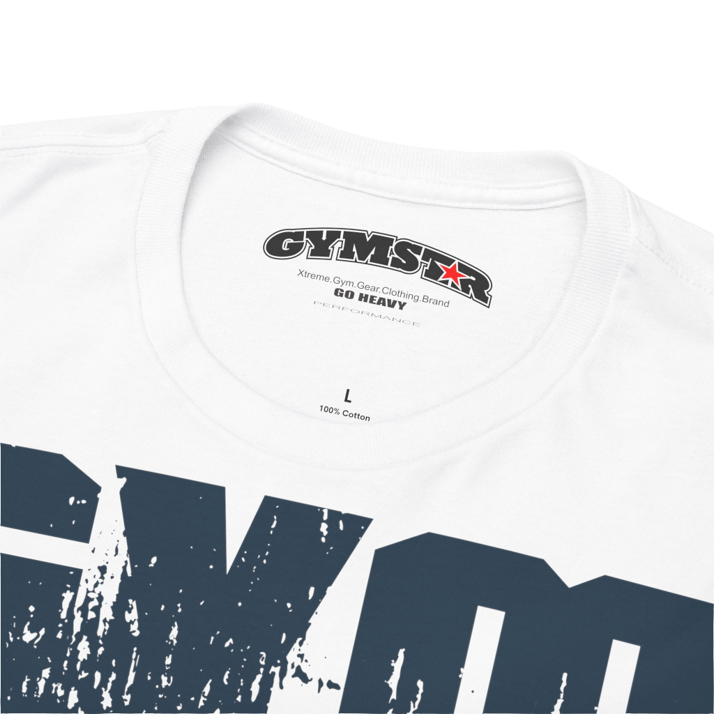 A white Gymstar workout t-shirt with a black graphic that reads 'GYM i want you',   and logo, presumably bodybulding or fitness. Front Logo Close up view.