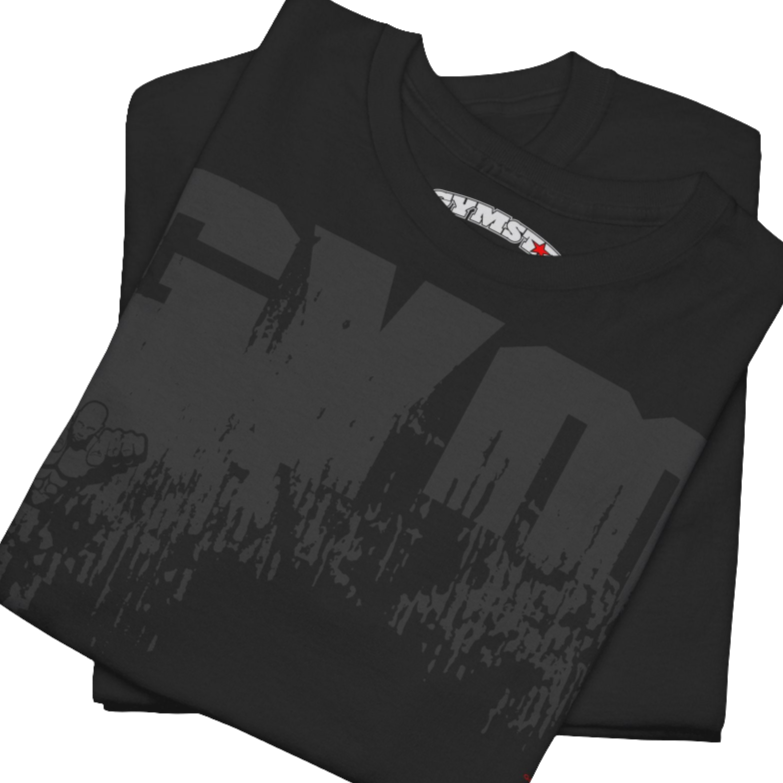 A black Gymstar training t-shirt with a black graphic that reads 'GYM i want you',   and logo, presumably bodybulding or fitness. Closr up front view.