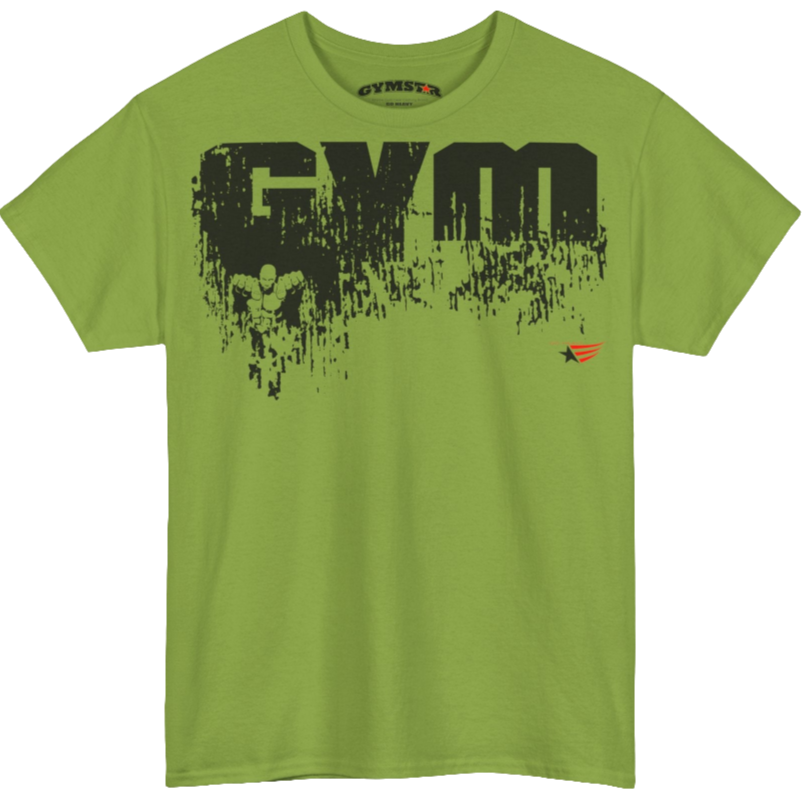 A kiwi Gymstar training t-shirt with a black graphic that reads 'GYM i want you',   and logo, presumably bodybulding or fitness. Front view.