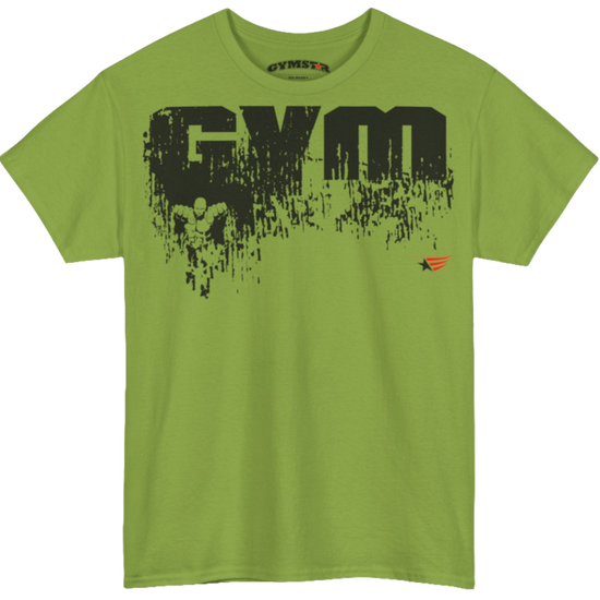 A kiwi Gymstar training t-shirt with a black graphic that reads 'GYM i want you',   and logo, presumably bodybulding or fitness. Front view.