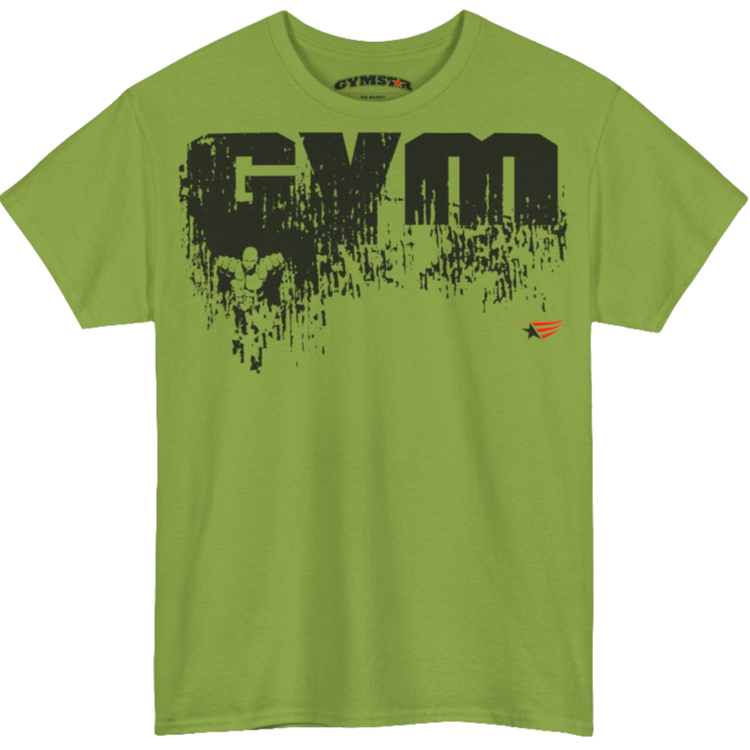 A kiwi Gymstar training t-shirt with a black graphic that reads 'GYM i want you',   and logo, presumably bodybulding or fitness. Front view.