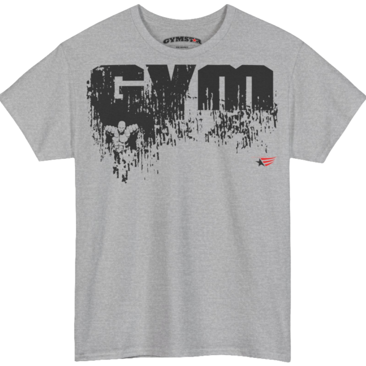 A silver grey Gymstar workout t-shirt with a black graphic that reads 'GYM i want you',   and logo, presumably bodybulding or fitness. Front  view.