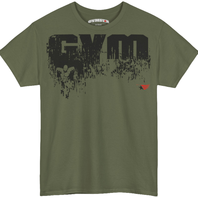 A military green Gymstar training t-shirt with a black graphic that reads 'GYM i want you',   and logo, presumably bodybulding or fitness. Front view.