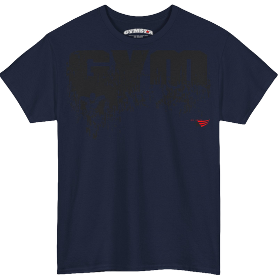 A navy blue Gymstar workout t-shirt with a black graphic that reads 'GYM i want you',   and logo, presumably bodybulding or fitness.  Rear Logo Close up view.