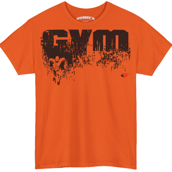 A orange Gymstar workout t-shirt with a black graphic that reads 'GYM i want you',   and logo, presumably bodybulding or fitness. Front view.