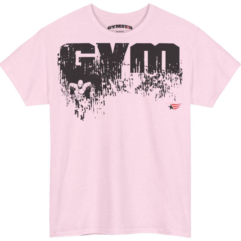 A pink Gymstar workout t-shirt with a black graphic that reads 'GYM i want you',   and logo, presumably bodybulding or fitness.  Front view.