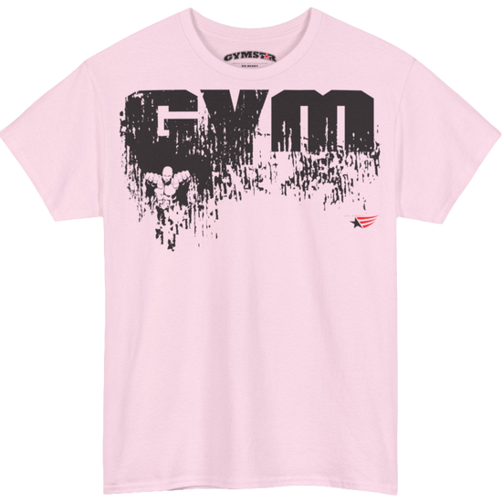 A pink Gymstar workout t-shirt with a black graphic that reads 'GYM i want you',   and logo, presumably bodybulding or fitness.  Front view.
