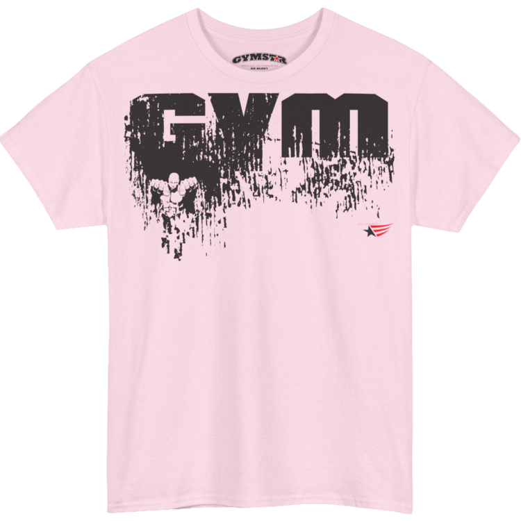A pink Gymstar workout t-shirt with a black graphic that reads 'GYM i want you',   and logo, presumably bodybulding or fitness.  Front view.