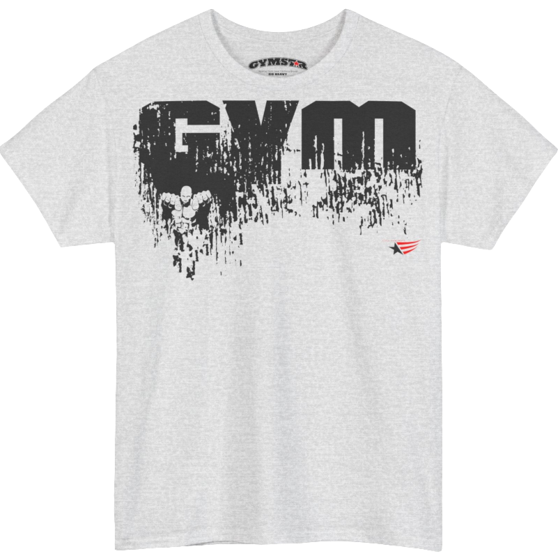 A silver grey Gymstar training t-shirt with a black graphic that reads 'GYM i want you',   and logo, presumably bodybulding or fitness. Front view.