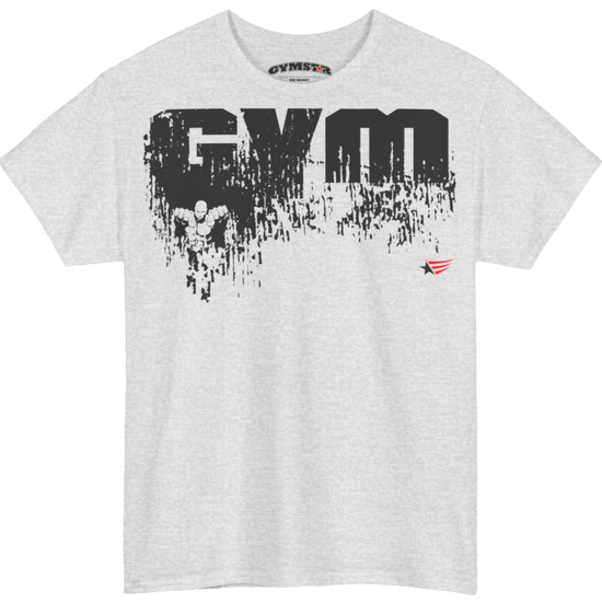 A silver grey Gymstar training t-shirt with a black graphic that reads 'GYM i want you',   and logo, presumably bodybulding or fitness. Front view.