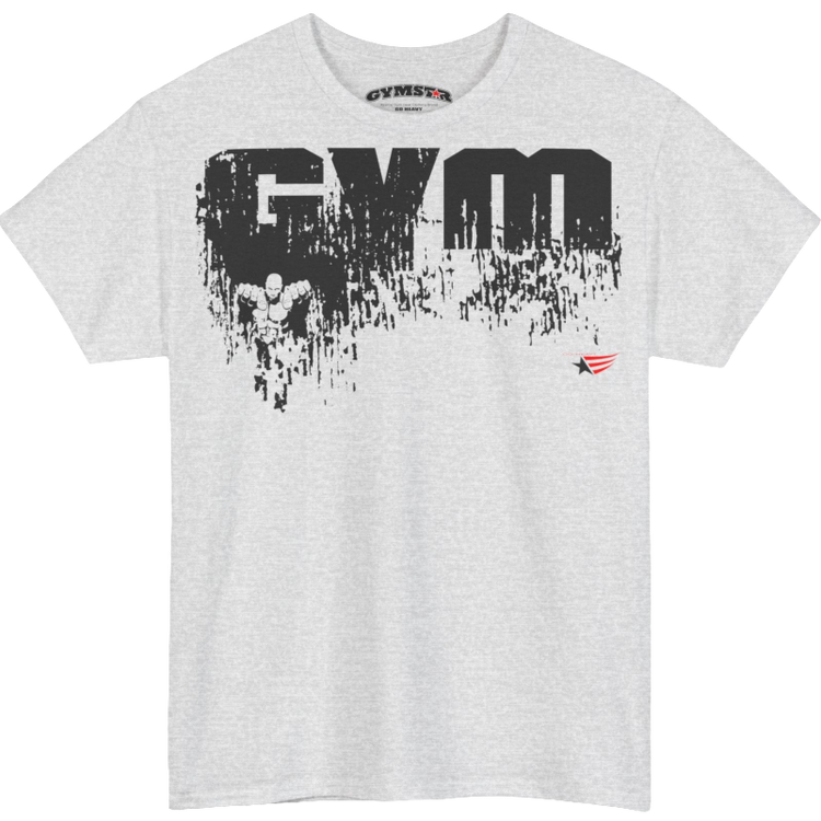 A silver grey Gymstar training t-shirt with a black graphic that reads 'GYM i want you',   and logo, presumably bodybulding or fitness. Front view.