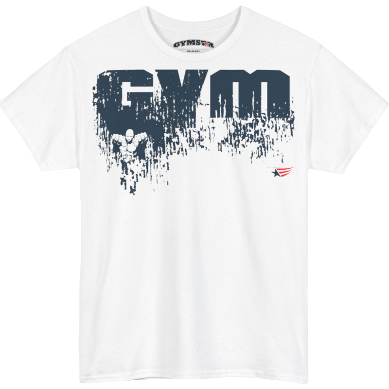 A white Gymstar workout t-shirt with a black graphic that reads 'GYM i want you',   and logo, presumably bodybulding or fitness. Front  view.
