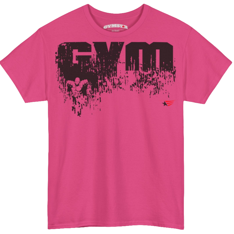 A purple Gymstar workout t-shirt with a black graphic that reads 'GYM i want you',   and logo, presumably bodybulding or fitness.  Front view.