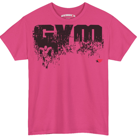 A purple Gymstar workout t-shirt with a black graphic that reads 'GYM i want you',   and logo, presumably bodybulding or fitness.  Front view.