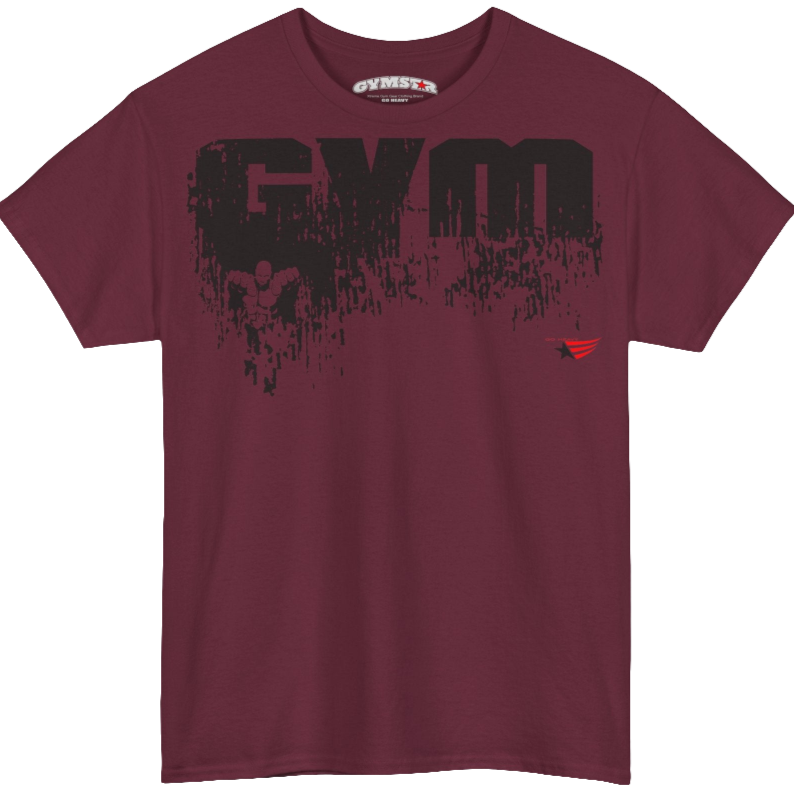 A ruby Gymstar workout t-shirt with a black graphic that reads 'GYM i want you',   and logo, presumably bodybulding or fitness.  Front view.