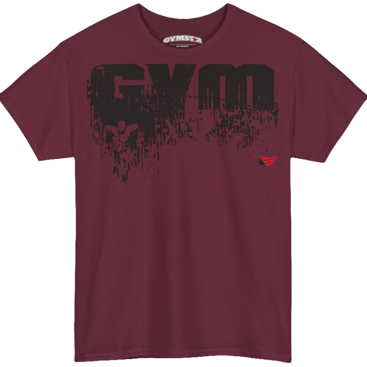 A ruby Gymstar workout t-shirt with a black graphic that reads 'GYM i want you',   and logo, presumably bodybulding or fitness.  Front view.
