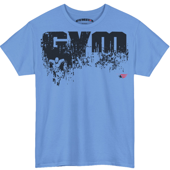 A Carolina blue Gymstar workout t-shirt with a black graphic that reads 'GYM i want you',   and logo, presumably bodybulding or fitness.  Front view.