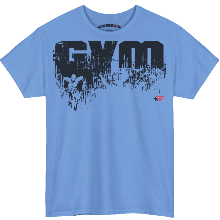 A Carolina blue Gymstar workout t-shirt with a black graphic that reads 'GYM i want you',   and logo, presumably bodybulding or fitness.  Front view.