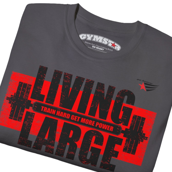 Gymstar sport grey t-shirt, designed for heavy workout enthusiasts. The chest features a large, distressed print depicting a barbell and motivational text. The "LIVING LARGE" text is a standout red color, and the "TRAIN HARD GET MORE POWER" message makes it a perfect choice for weightlifting and gym training.