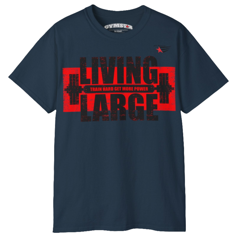Gymstar white navy blue, designed for heavy workout enthusiasts. The chest features a large, distressed print depicting a barbell and motivational text. The "LIVING LARGE" text is a standout red color, and the "TRAIN HARD GET MORE POWER" message makes it a perfect choice for weightlifting and gym training. Front view.