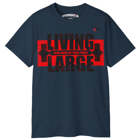 Gymstar white navy blue, designed for heavy workout enthusiasts. The chest features a large, distressed print depicting a barbell and motivational text. The "LIVING LARGE" text is a standout red color, and the "TRAIN HARD GET MORE POWER" message makes it a perfect choice for weightlifting and gym training. Front view.