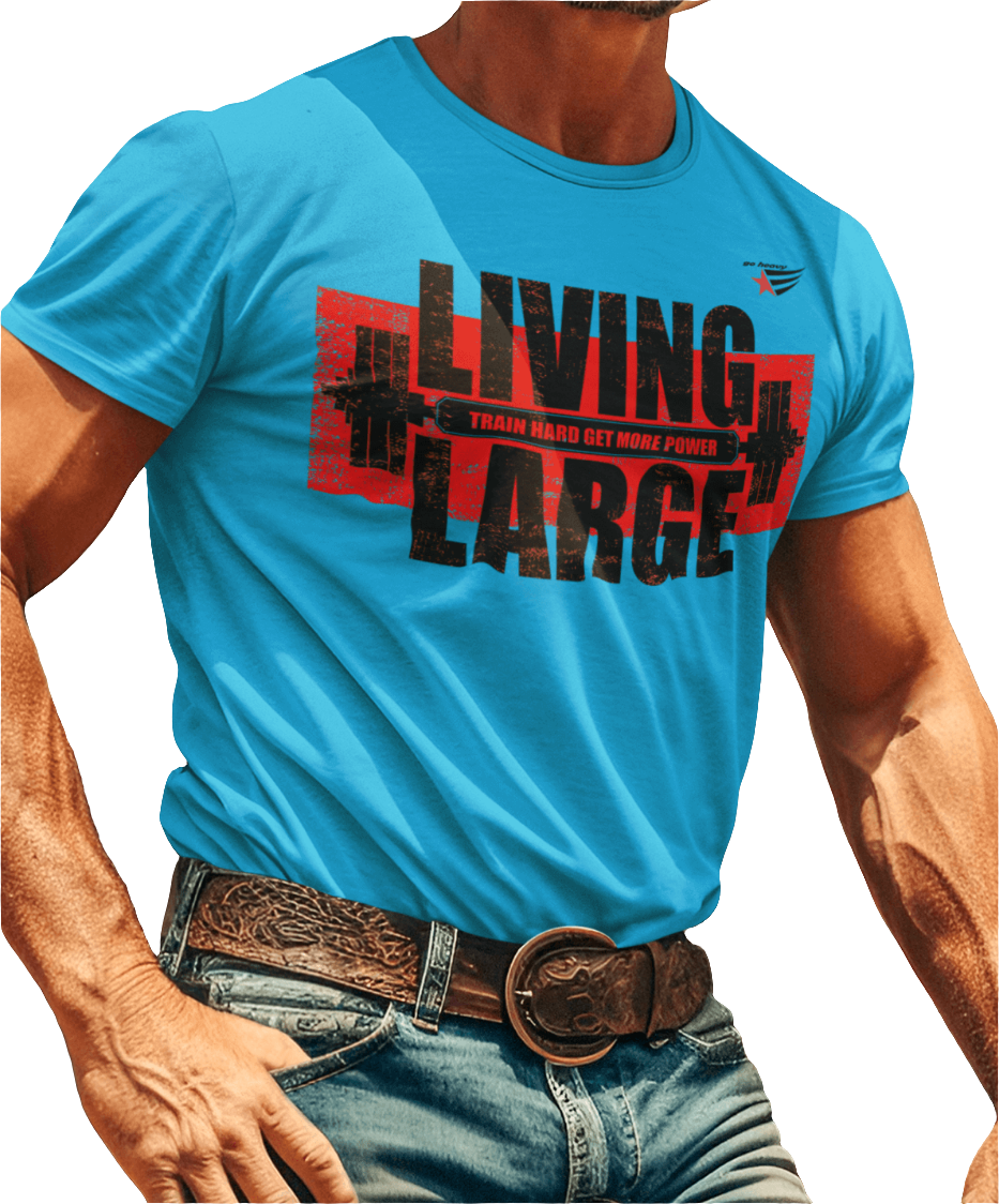 A man wearing Gymstar blue t-shirt, designed for heavy workout enthusiasts. The chest features a large, distressed print depicting a barbell and motivational text. The "LIVING LARGE" text is a standout red color, and the "TRAIN HARD GET MORE POWER" message makes it a perfect choice for weightlifting and gym training.
