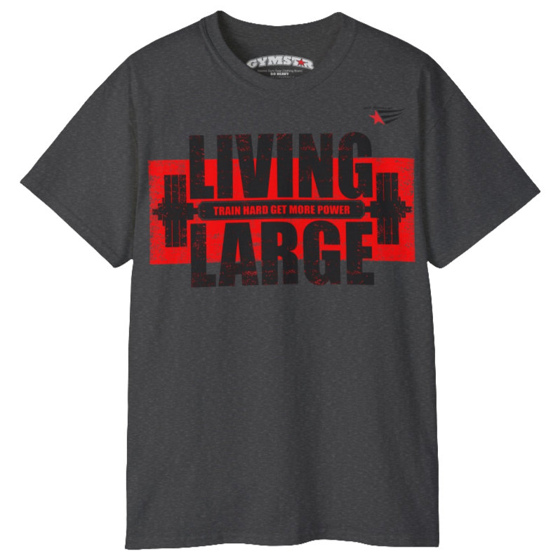 Gymstar military green t-shirt, designed for heavy workout enthusiasts. The chest features a large, distressed print depicting a barbell and motivational text. The "LIVING LARGE" text is a standout red color, and the "TRAIN HARD GET MORE POWER" message makes it a perfect choice for weightlifting and gym training. Front view.