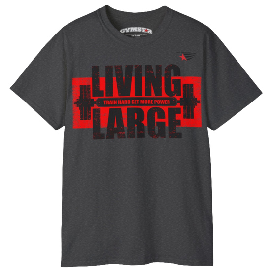 Gymstar military green t-shirt, designed for heavy workout enthusiasts. The chest features a large, distressed print depicting a barbell and motivational text. The "LIVING LARGE" text is a standout red color, and the "TRAIN HARD GET MORE POWER" message makes it a perfect choice for weightlifting and gym training. Front view.