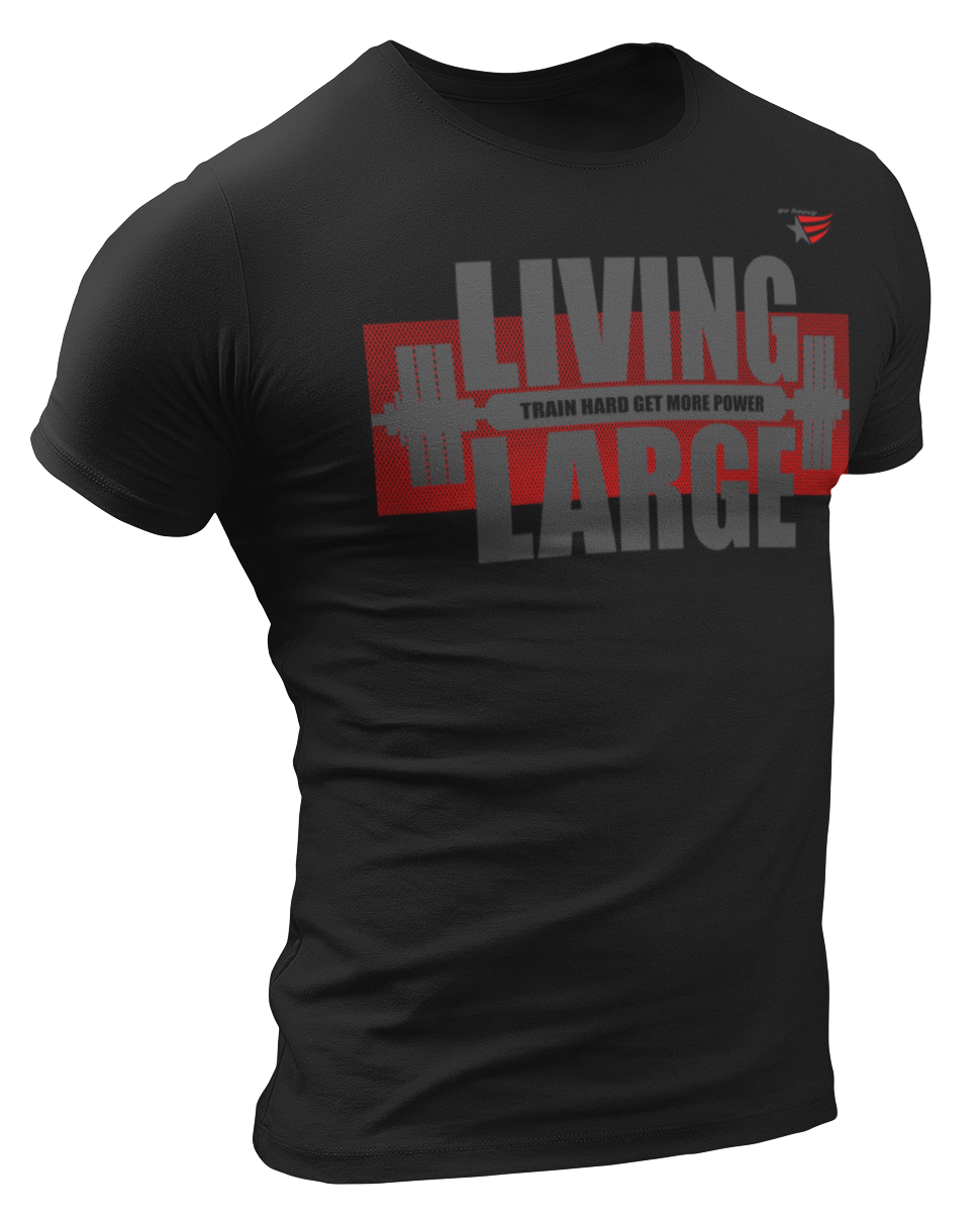 The image shows the front of a black sports t-shirt Gymstar with the text 'LIVING LARGE' and a graphic of a barbell and logo.